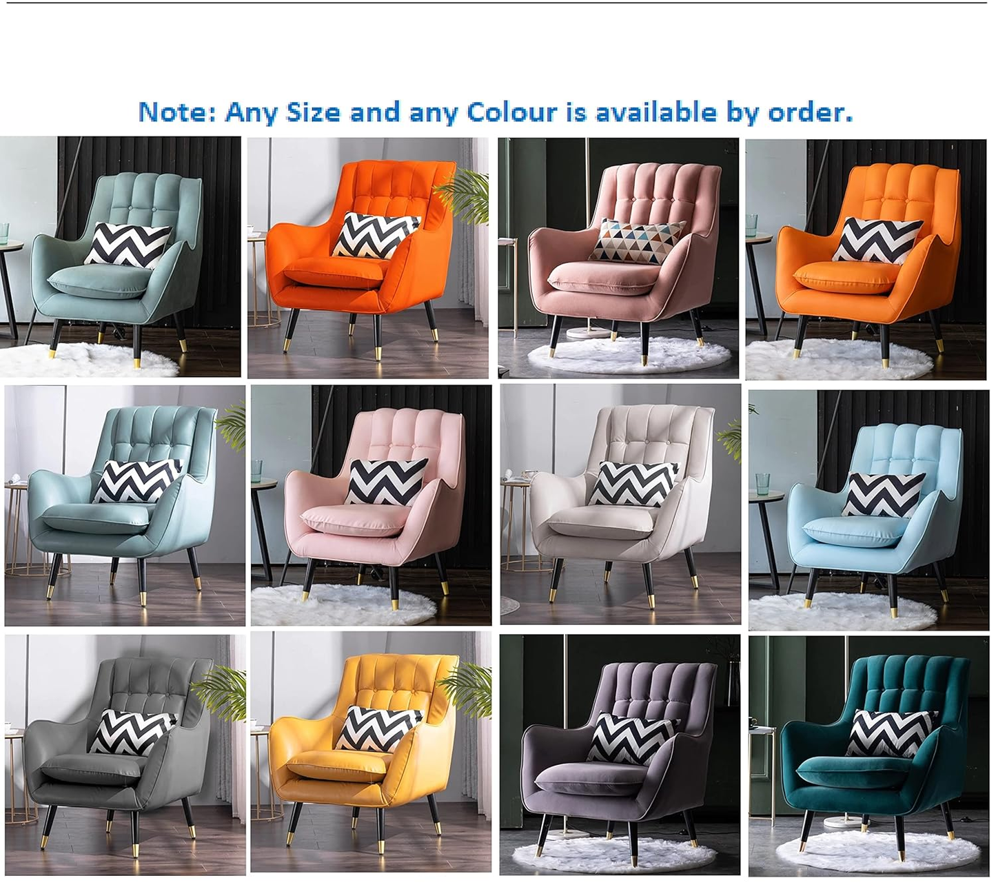 Collage of various armchairs in different colors with striped cushions, indicating availability by order.