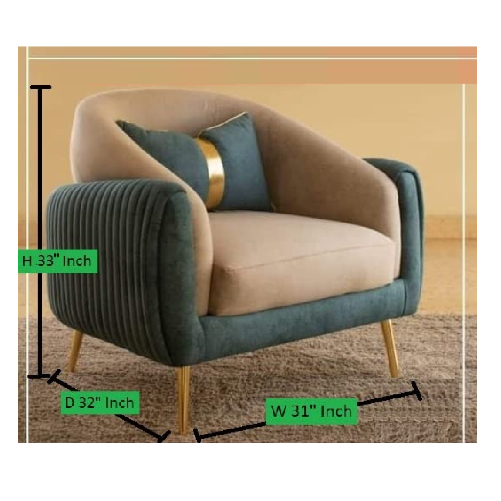 Beige and green armchair with dimensions labeled on a beige background