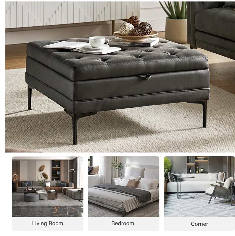 Gray tufted ottoman in a living room setting with additional views labeled 'Living Room', 'Bedroom', and 'Corner'.