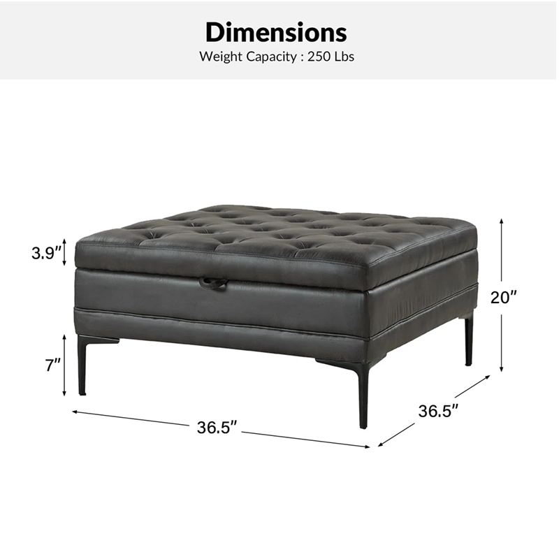 Gray tufted ottoman with dimensions and weight capacity on a white background