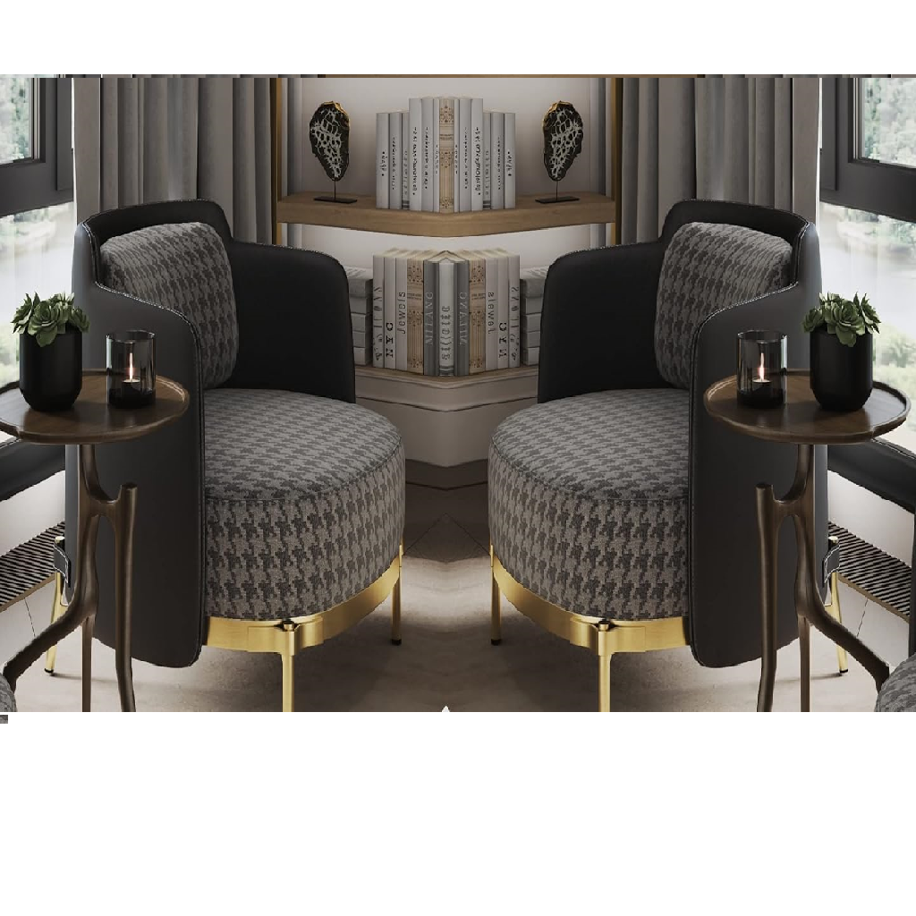 Two modern armchairs with patterned cushions and gold legs in a room setting.