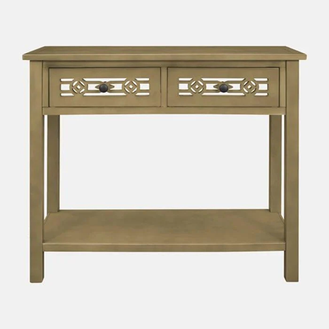 Wooden console table with two drawers on a white background