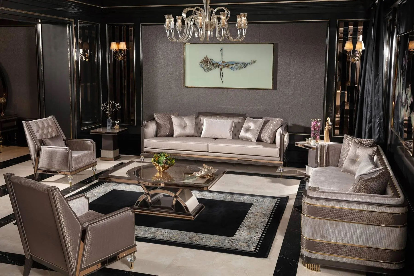 Luxurious living room with gray sofa, armchairs, and a chandelier.