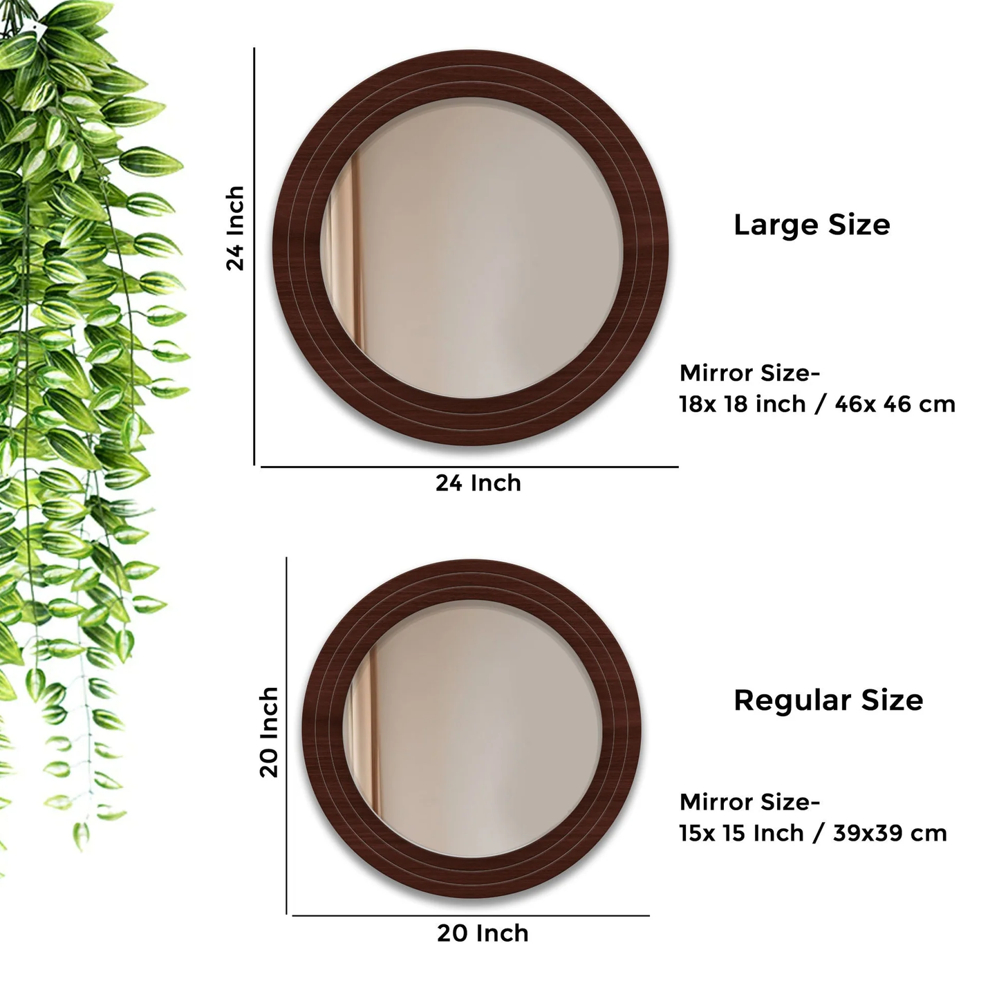 Two round mirrors with dimensions labeled, one large and one regular, on a white background.