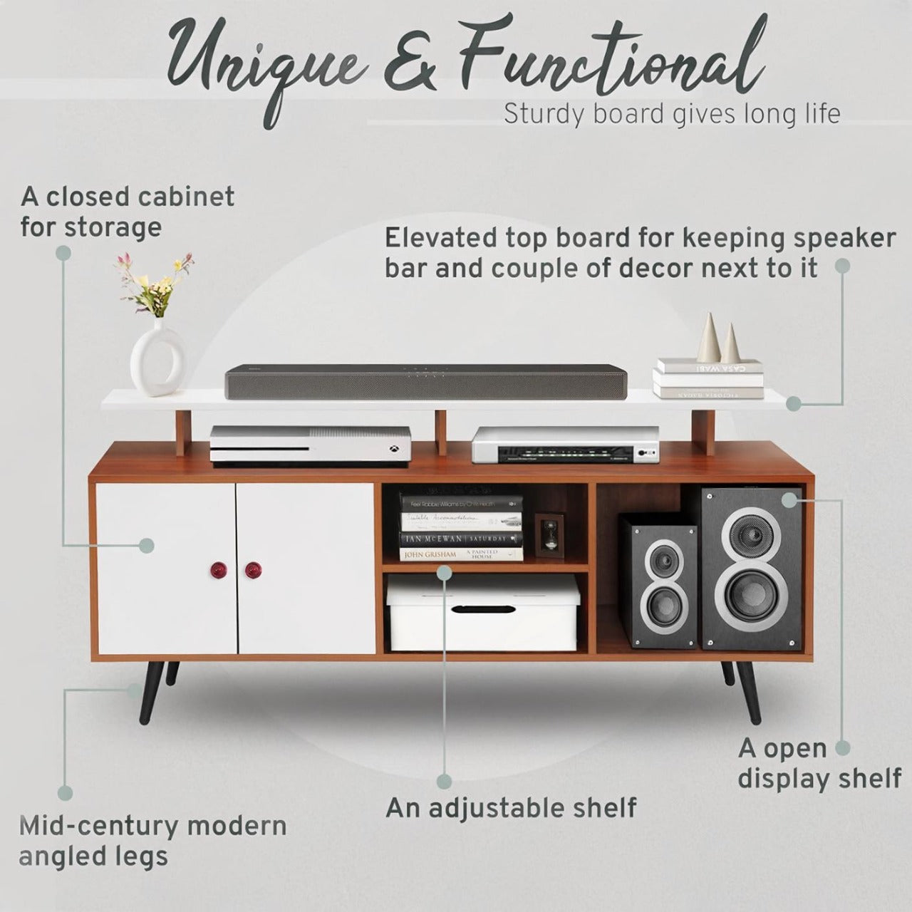 Wooden entertainment console with features highlighted on a light gray background