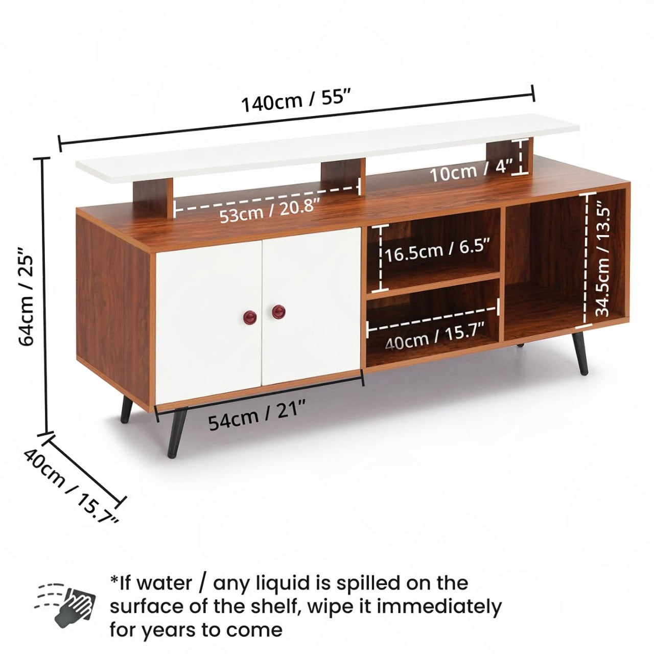 Wooden TV stand with dimensions labeled on a white background