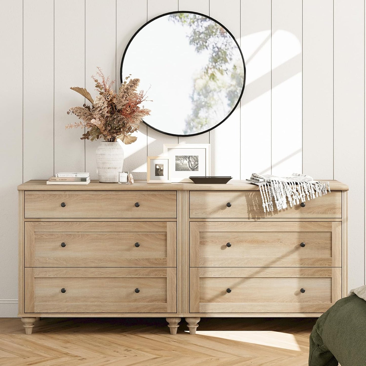 6-Drawer Oak Bedroom Dresser Mid-Century Modern Wide Chest