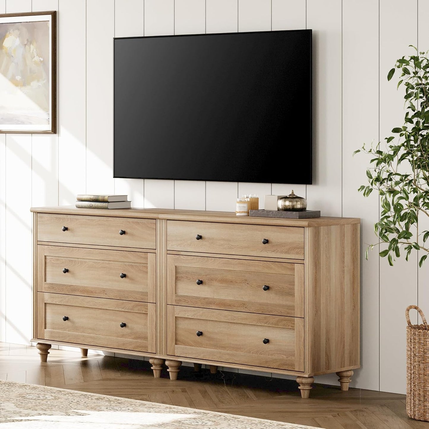 6-Drawer Oak Bedroom Dresser Mid-Century Modern Wide Chest