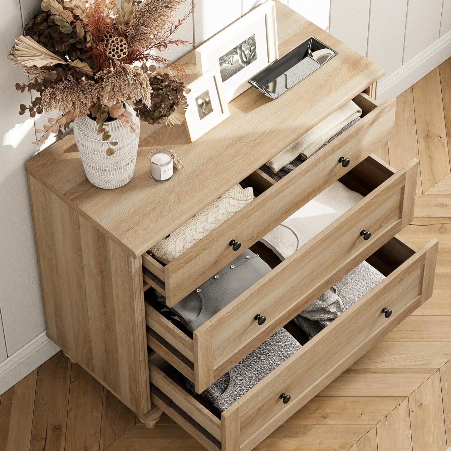 6-Drawer Oak Bedroom Dresser Mid-Century Modern Wide Chest