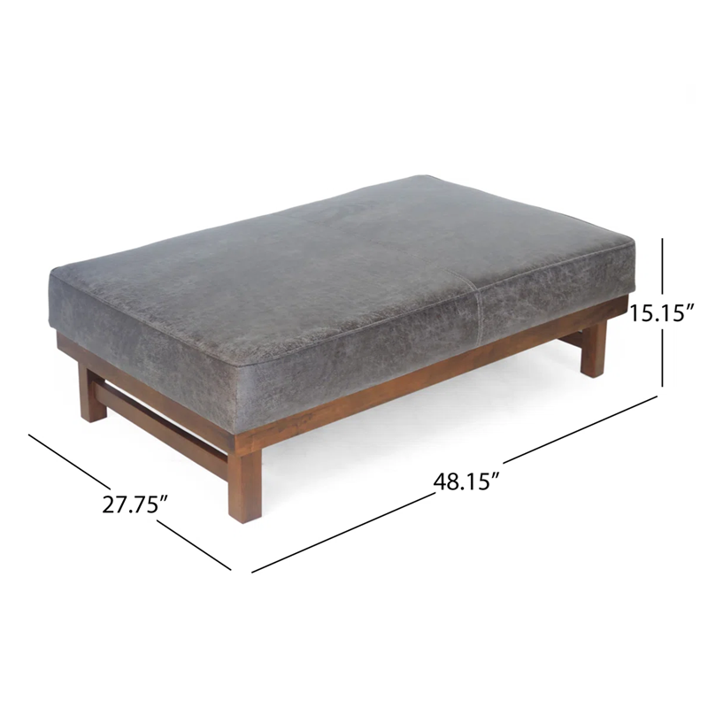 Gray cushioned ottoman with wooden frame and dimensions labeled on a white background