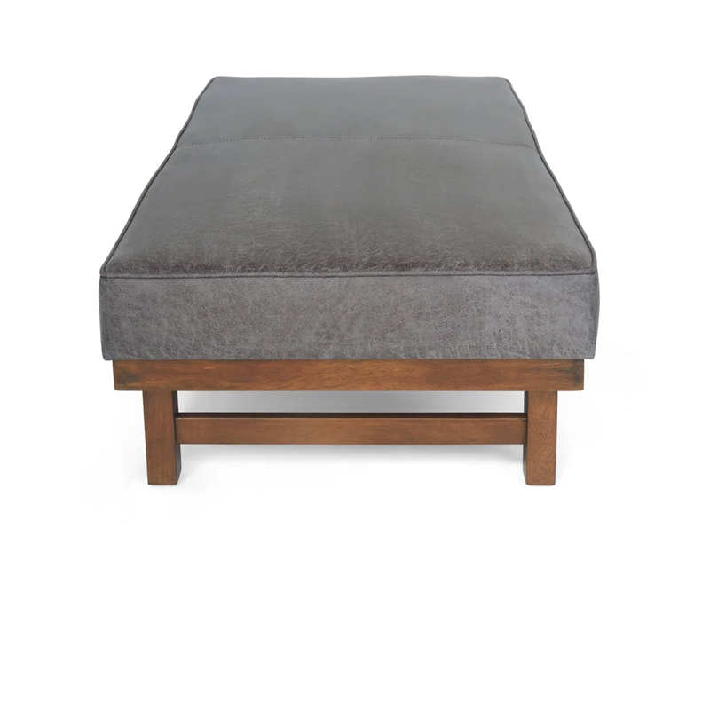 Gray cushioned bench with wooden frame on a white background