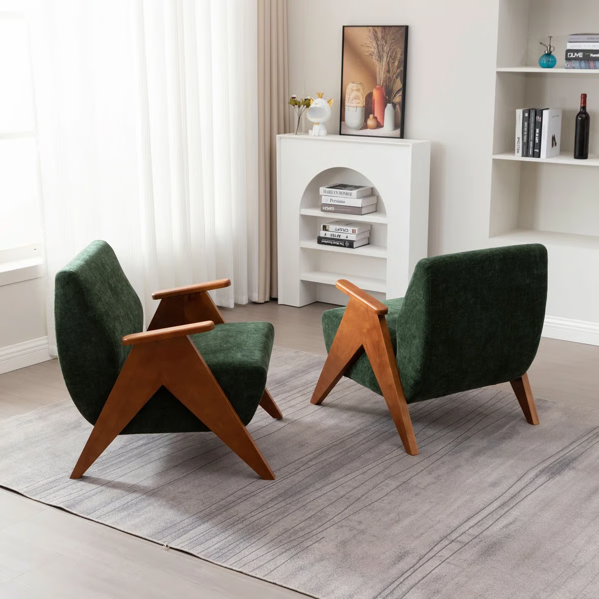 Handmade Mid-Century Wooden Armchair | Solid Wood Single Sofa Chair (Beige)