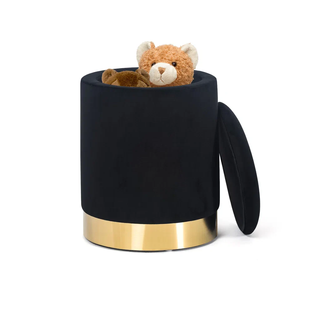 Velvet Rounded Shape Storage Ottoman with Golden Metal Finish