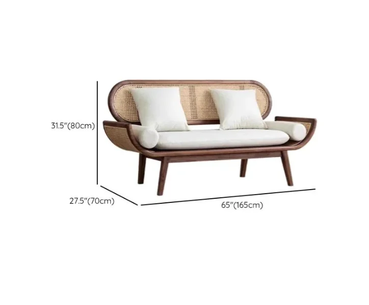 Wicker outdoor sofa with dimensions on a white background