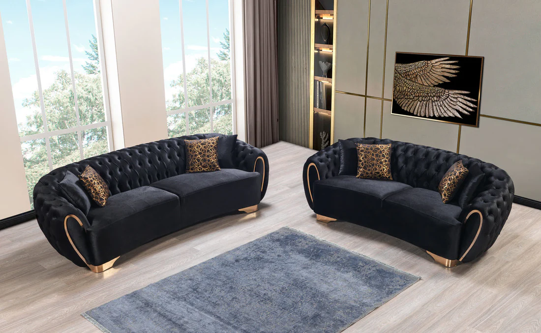 Victoria Black Velvet Living Room Set (SOFA + LOVESEAT + CHAIR)