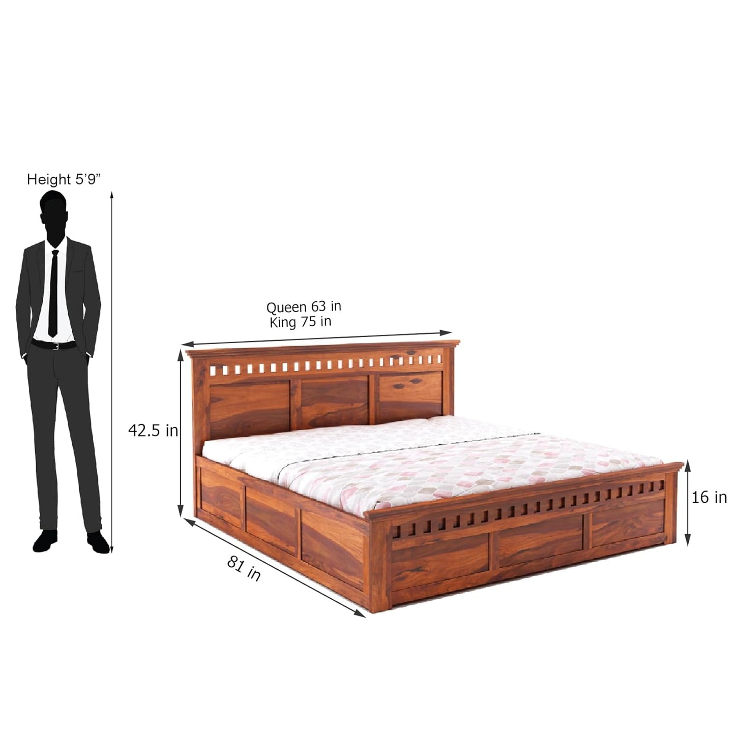 King Size Sheesham Wood Bed with Box Storage – Solid Wooden Double Bed Frame for Bedroom, Living Room, or Hotel (Honey Finish)