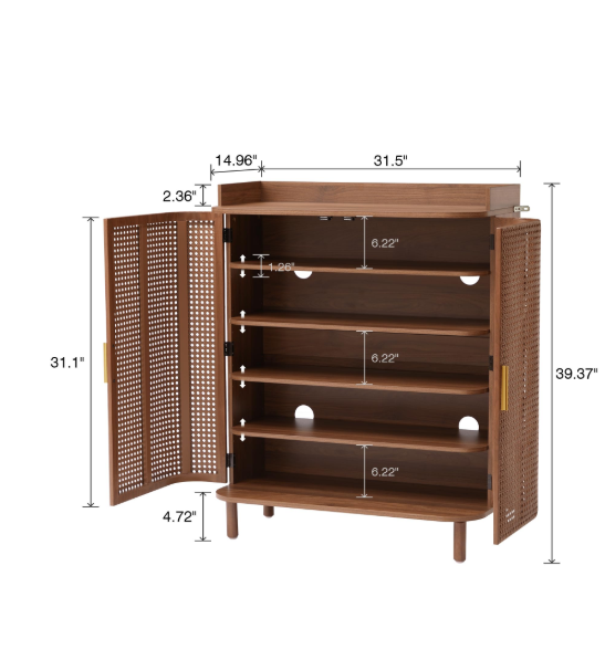 5-Tier Boho Shoe Storage Cabinet with Adjustable Shelves – Walnut Wood Shoe Rack with Curved Iron Rattan Doors