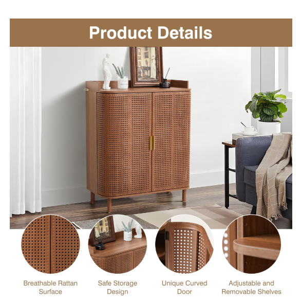 5-Tier Boho Shoe Storage Cabinet with Adjustable Shelves – Walnut Wood Shoe Rack with Curved Iron Rattan Doors