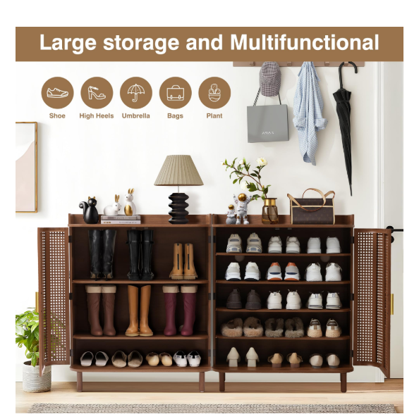 5-Tier Boho Shoe Storage Cabinet with Adjustable Shelves – Walnut Wood Shoe Rack with Curved Iron Rattan Doors