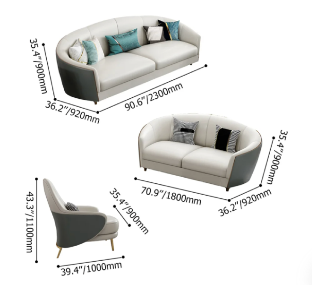 Dimensions of a modern sofa set with various measurements labeled.