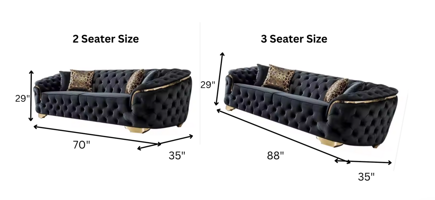 Dimensions of a black tufted sofa with two-seater and three-seater sizes shown.