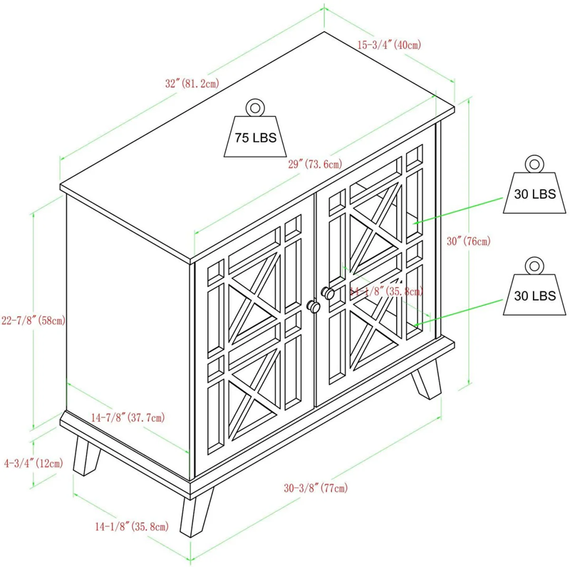 Dimensional diagram of a piece of furniture with weight indicators.