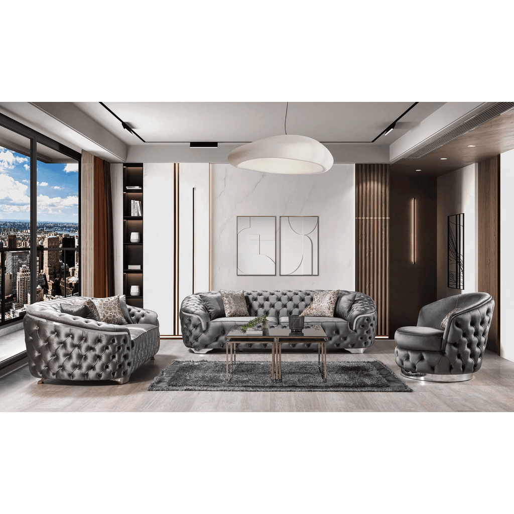 Modern living room with gray tufted sofa set and cityscape view