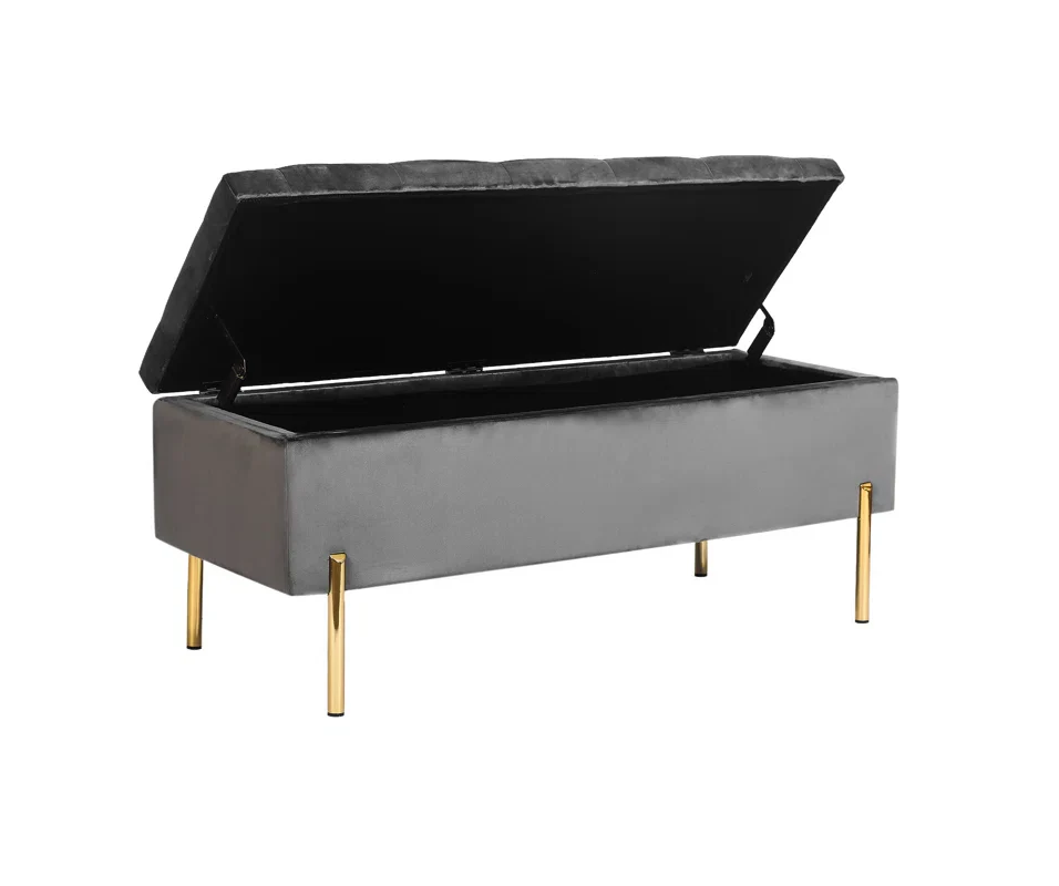 Gray storage bench with gold legs on a white background