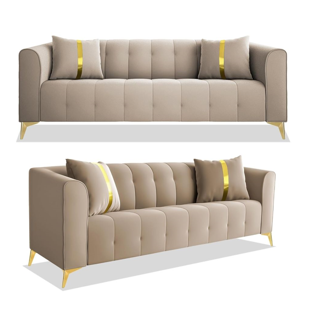 Beige sofa with gold legs and yellow accents on a white background