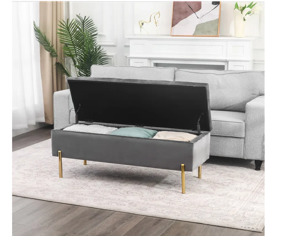 Rectangular Velvet Storage Ottoman with Gold Metal Base – Elegant Upholstered Bench