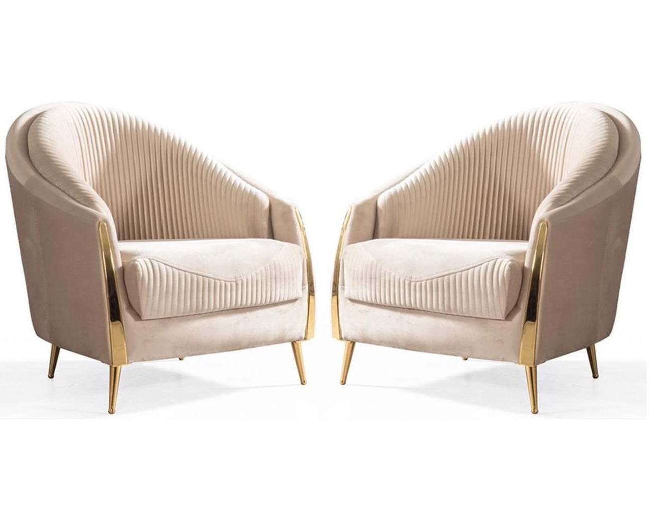 Pair of beige armchairs with gold legs on a white background