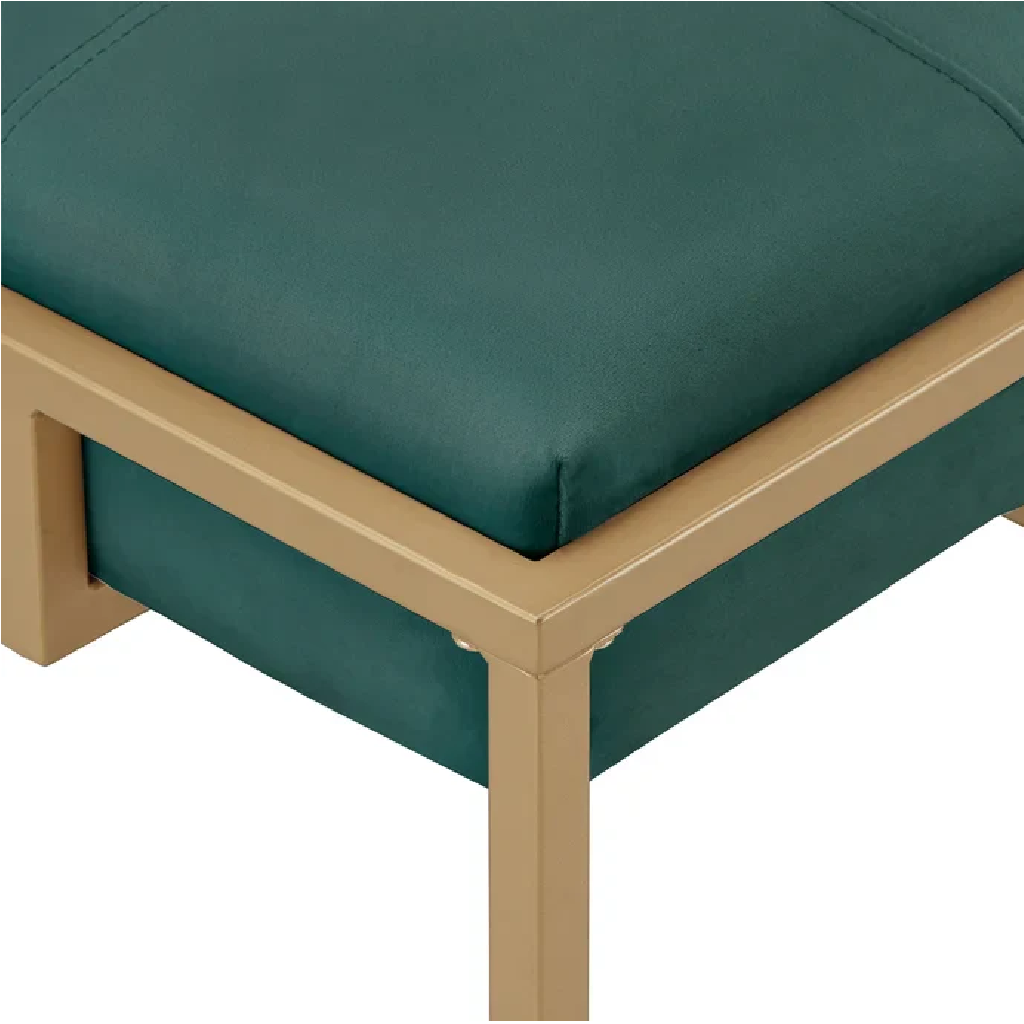 Teal cushion on a beige metal frame