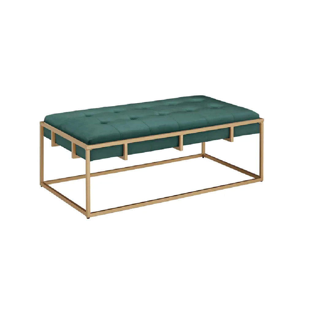 Green upholstered bench with gold metal frame on a white background