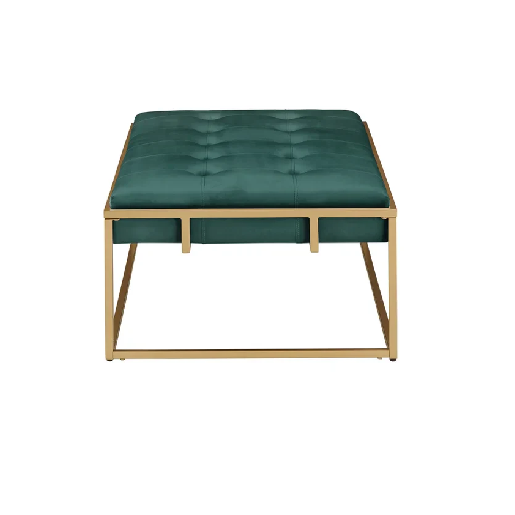 Green tufted ottoman with gold frame on a white background