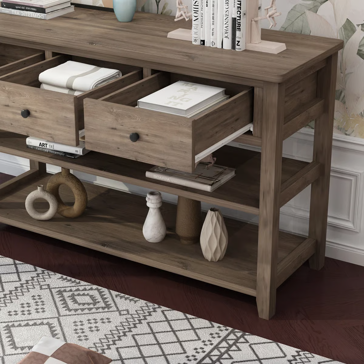 47''  Console Table with Wood Frame, 3 Drawers & 2 Open Shelves