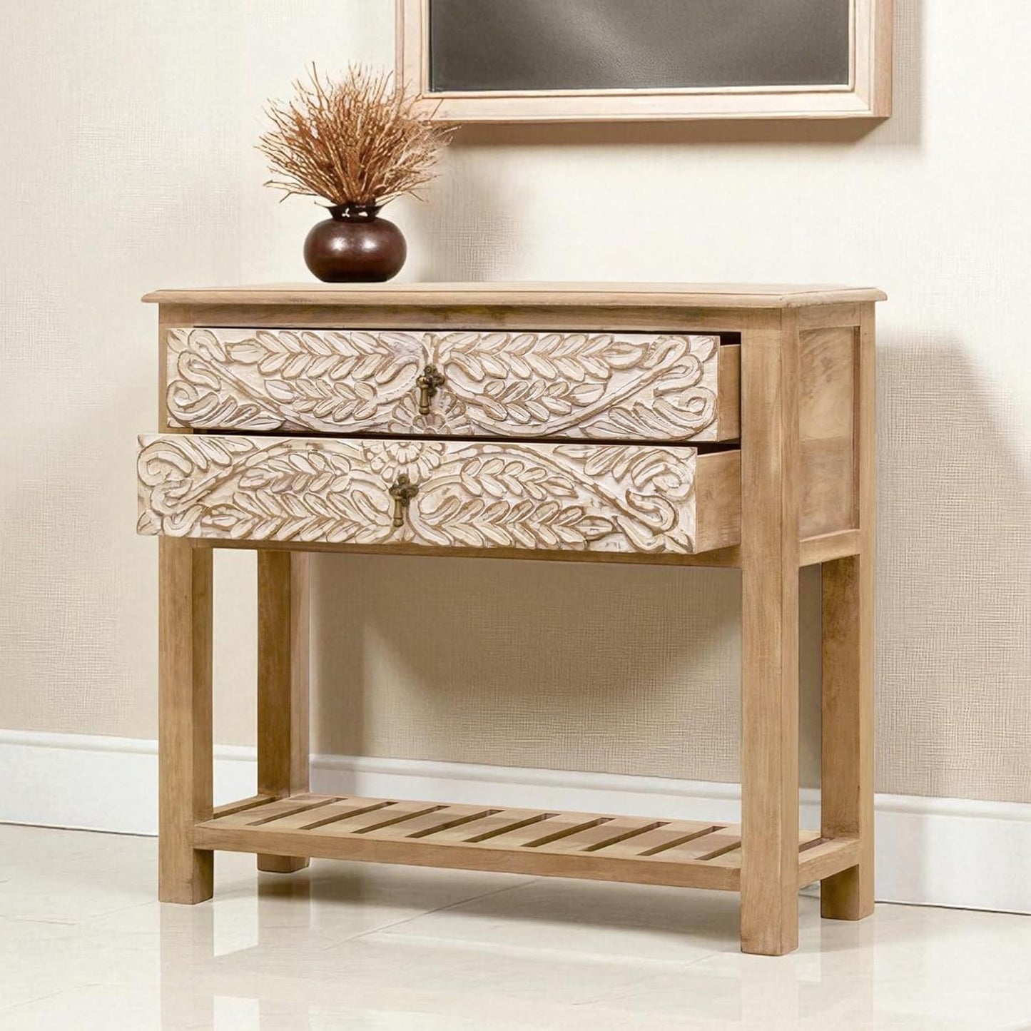 Natural-Wood Console Table with White Matte Finish — Stylish Entry / Living Room Piece