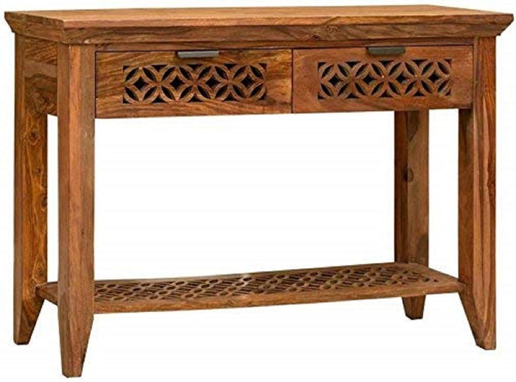 Solid Sheesham Wood Console Table for Living Room | 2-Drawer & Shelf Storage