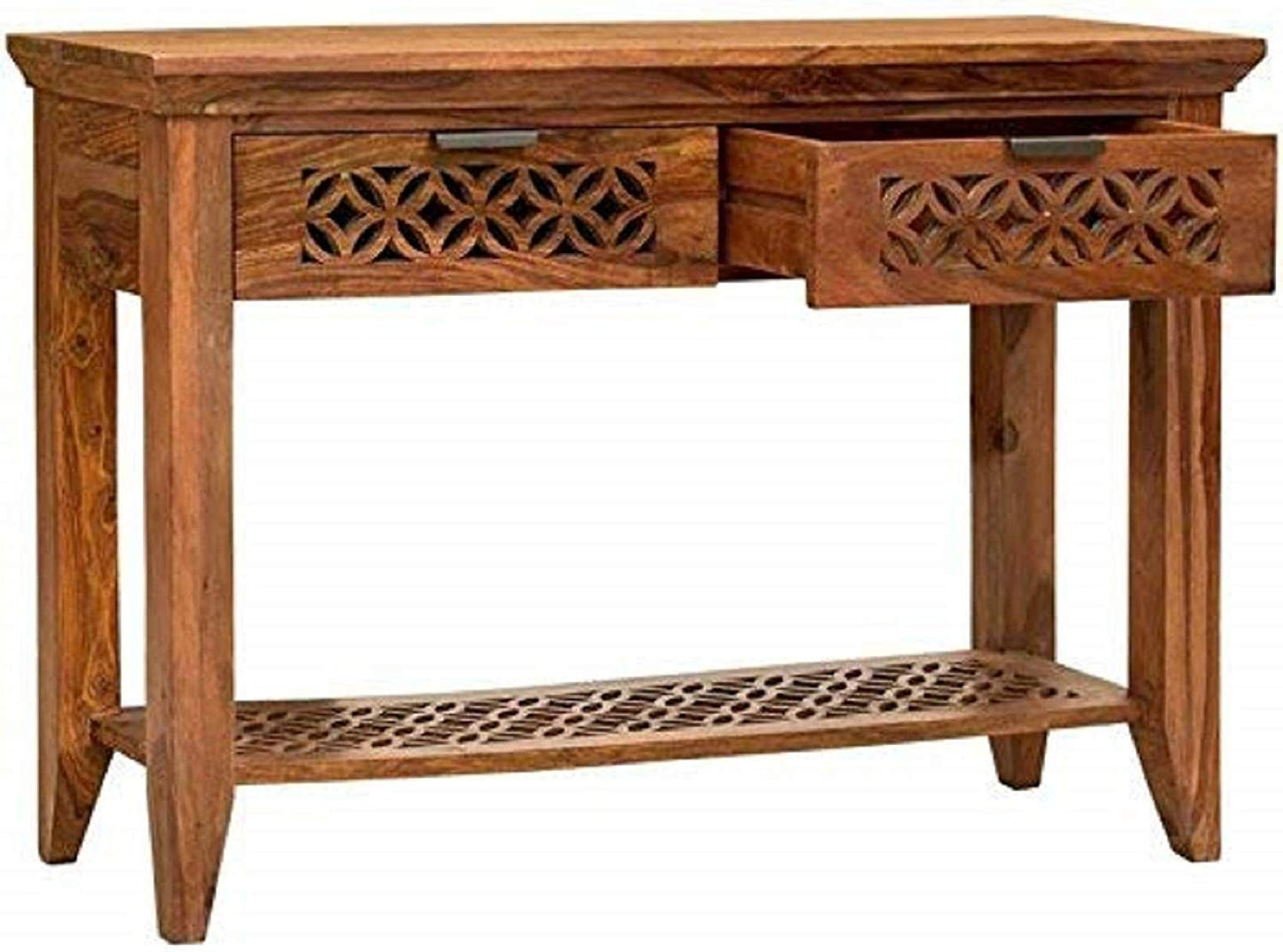 Solid Sheesham Wood Console Table for Living Room | 2-Drawer & Shelf Storage