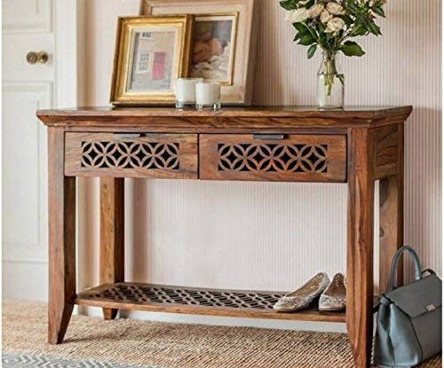Solid Sheesham Wood Console Table for Living Room | 2-Drawer & Shelf Storage