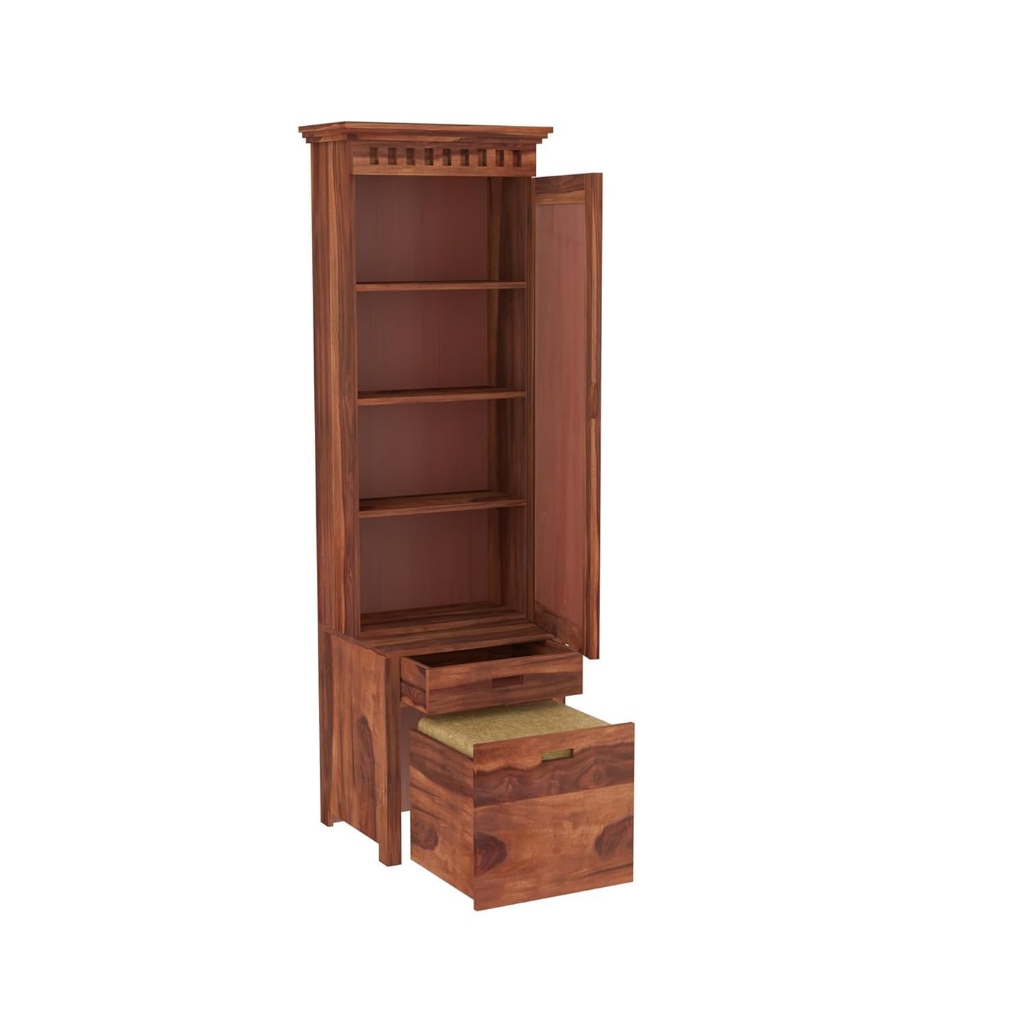 Wooden cabinet with open door and drawer on a white background