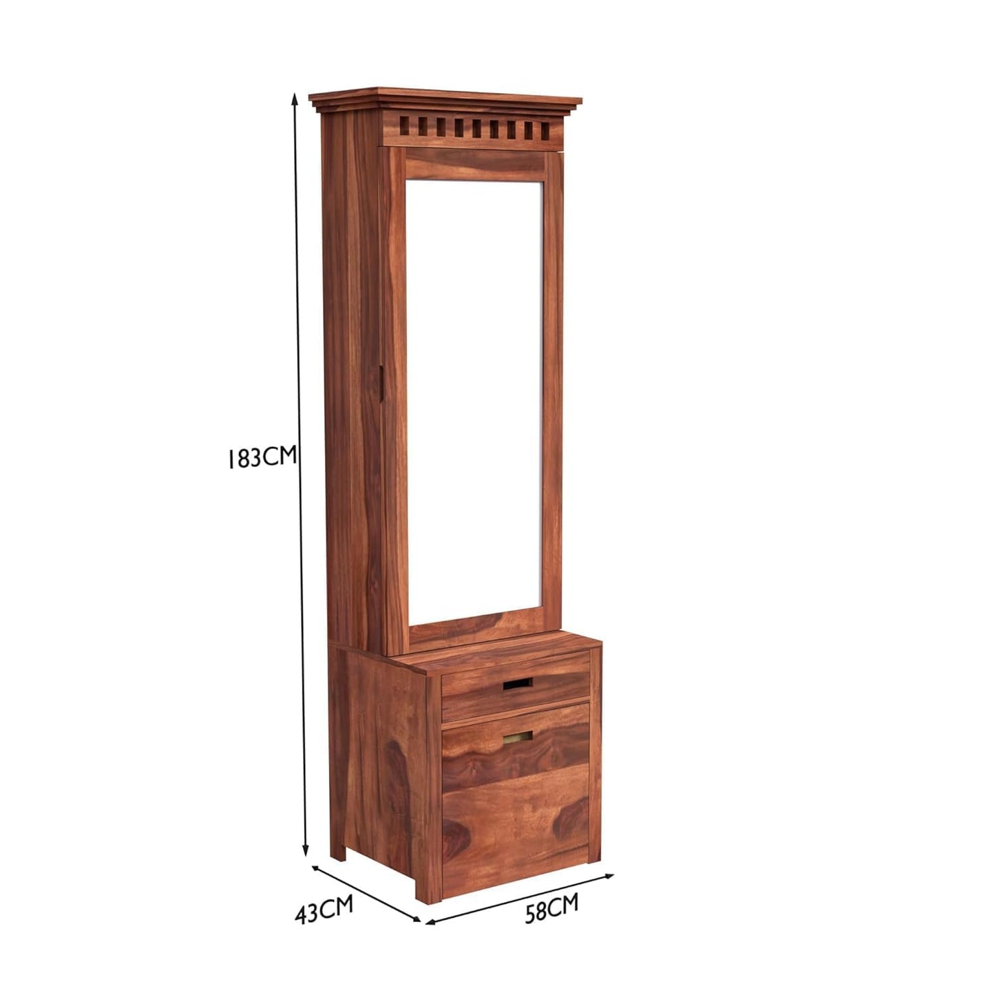 Wooden wardrobe with dimensions on a white background
