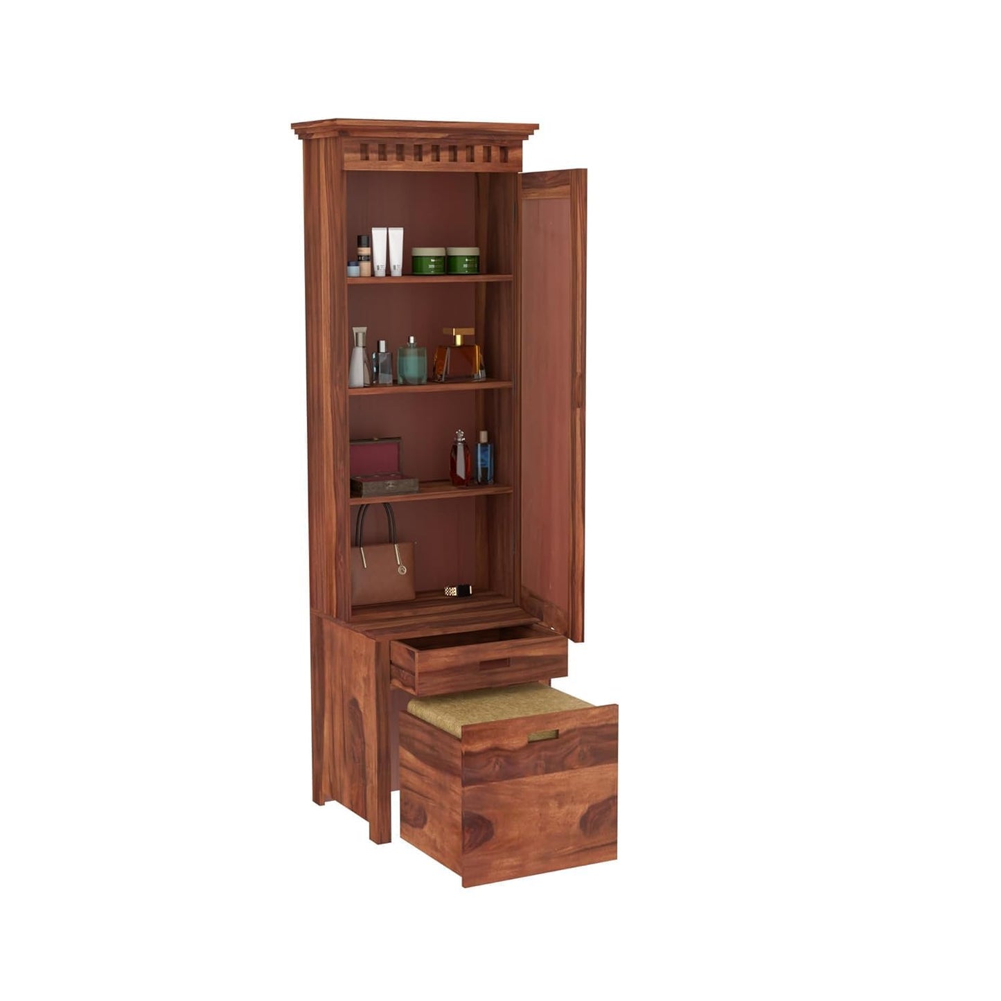 Wooden cabinet with open doors on a white background