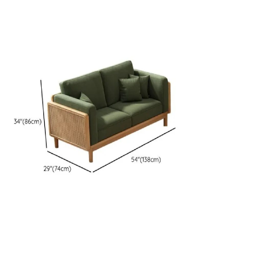 Green outdoor sofa with dimensions labeled on a white background
