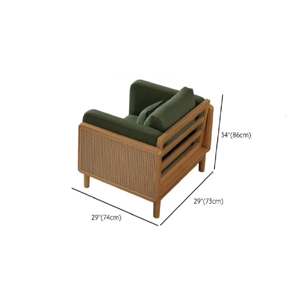 Wicker armchair with green cushions and dimensions labeled on a white background