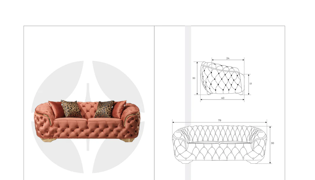Pink sofa with decorative pillows on a white background, accompanied by wireframe diagrams.