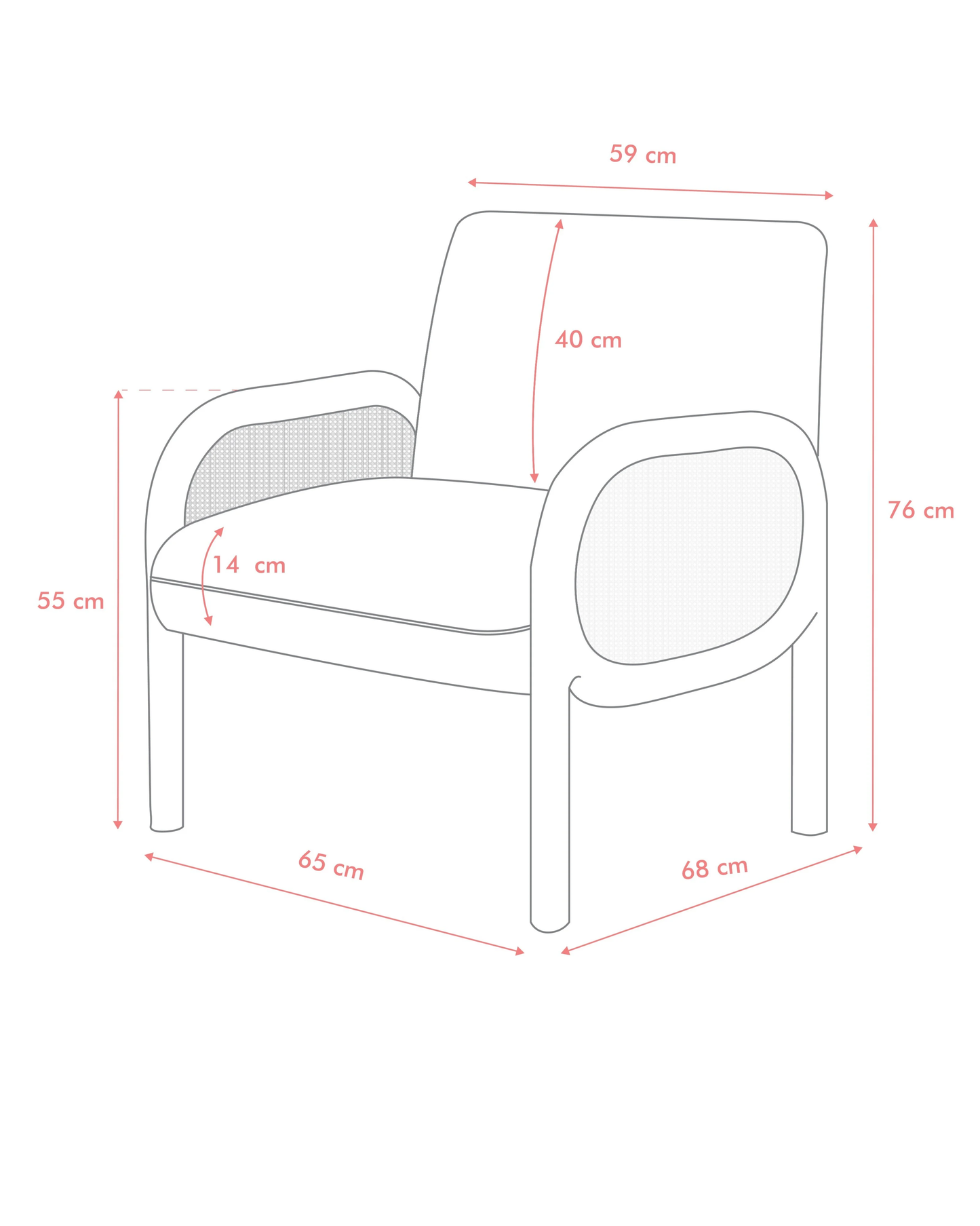 Measurement chart of a chair with dimensions labeled in centimeters.