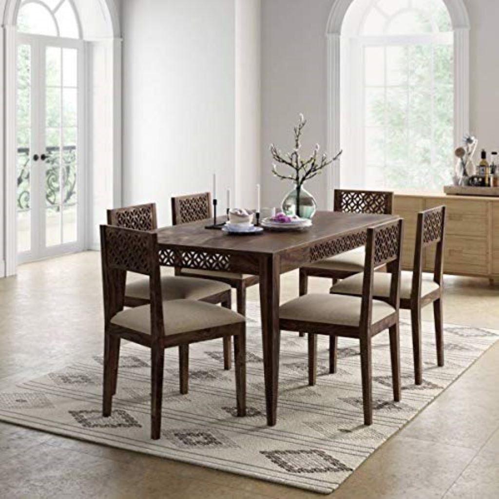 Solid Sheesham Wood 6 Seater Dining Table Set with Jute Fabric Chairs – Teak Brown Finish