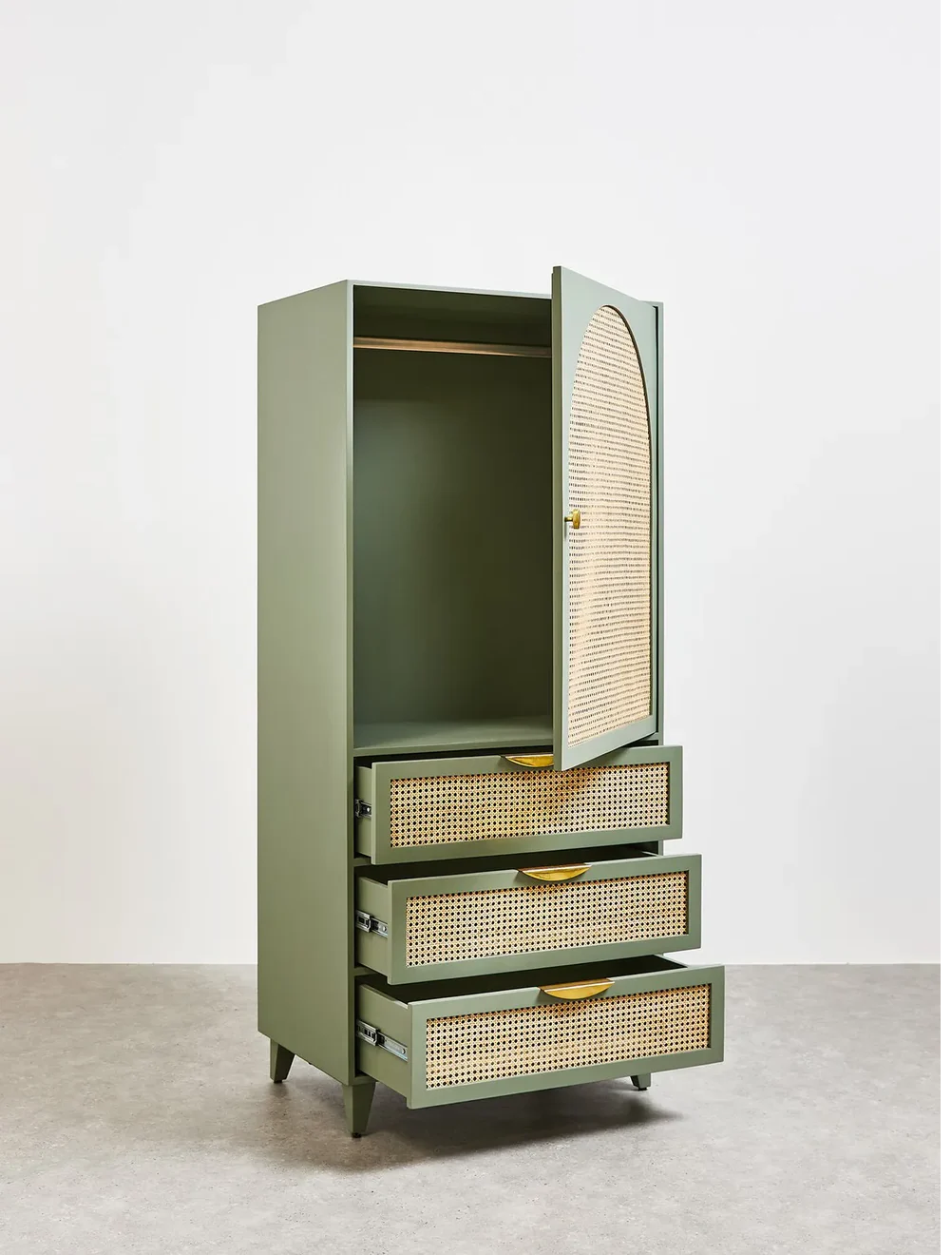 Sage Green Mango Wood & Rattan Wardrobe with Hanging Space and Soft-Close Drawer (75W x 55D x 170H cm)