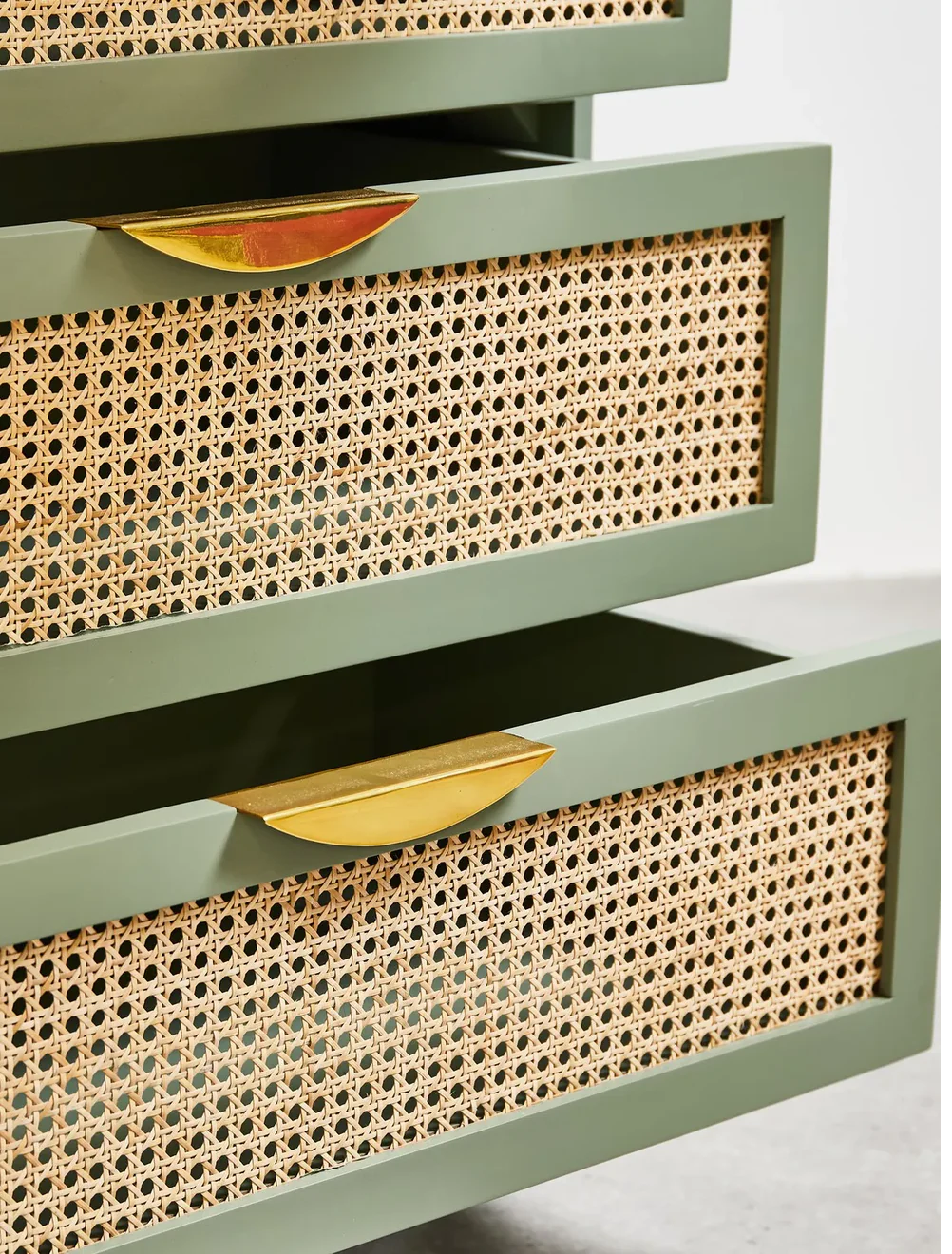 Sage Green Mango Wood & Rattan Wardrobe with Hanging Space and Soft-Close Drawer (75W x 55D x 170H cm)