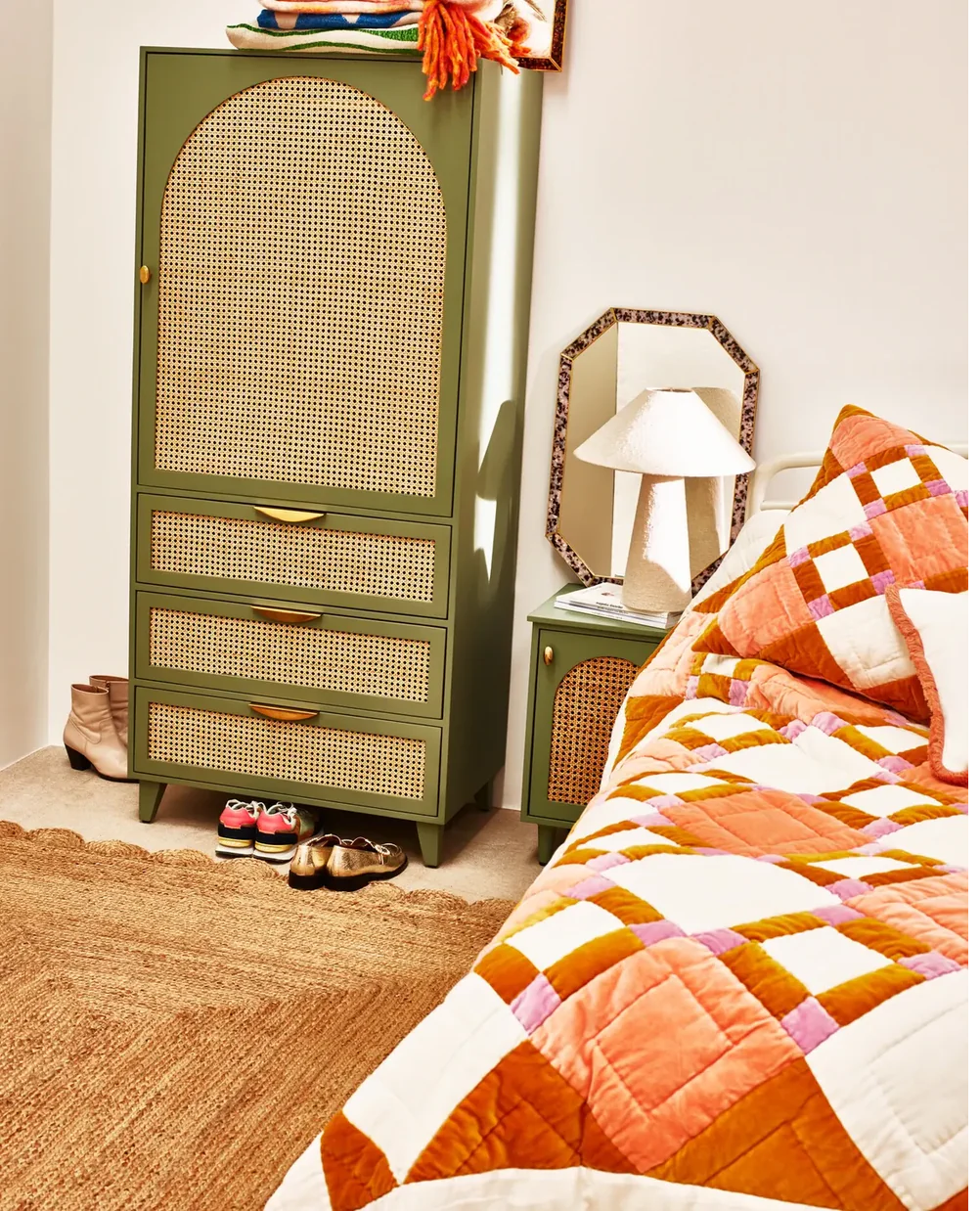 Sage Green Mango Wood & Rattan Wardrobe with Hanging Space and Soft-Close Drawer (75W x 55D x 170H cm)
